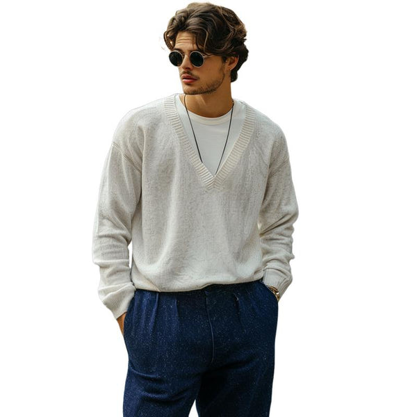 Men's Casual Solid Color V-Neck Loose Long Sleeve Knitted Sweater 05233498M