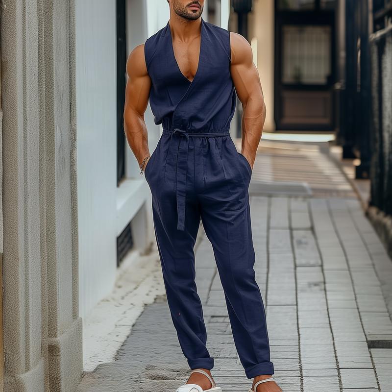 Men's Solid Color V Neck Sleeveless Belt Jumpsuit 91241064Z