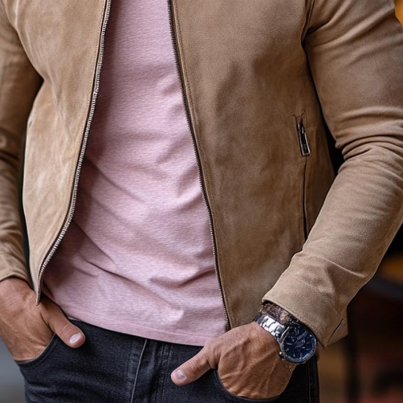 Men's Stylish Casual Solid Color Stand Collar Zipper Suede Jacket 88910192K