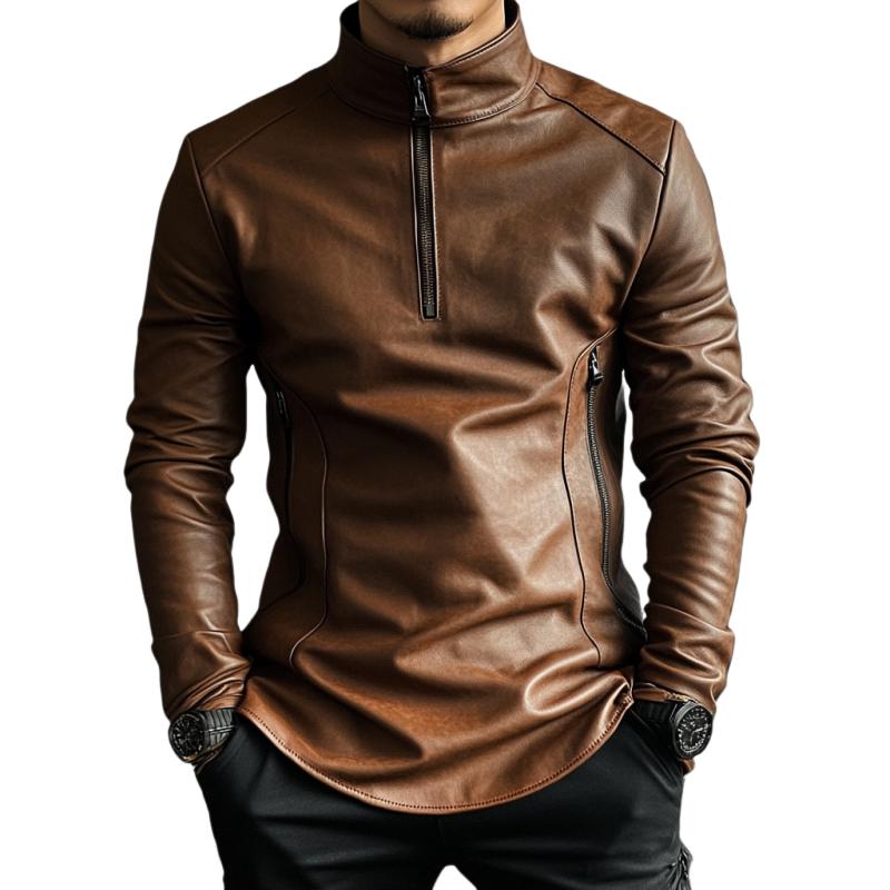 Men's Casual Fashionable Stand Collar Zipper Leather Sweatshirt 85012089K