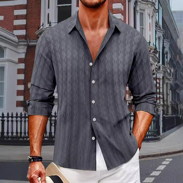 Men's Solid Color Textured Lapel Long Sleeve Shirt 34087678Z