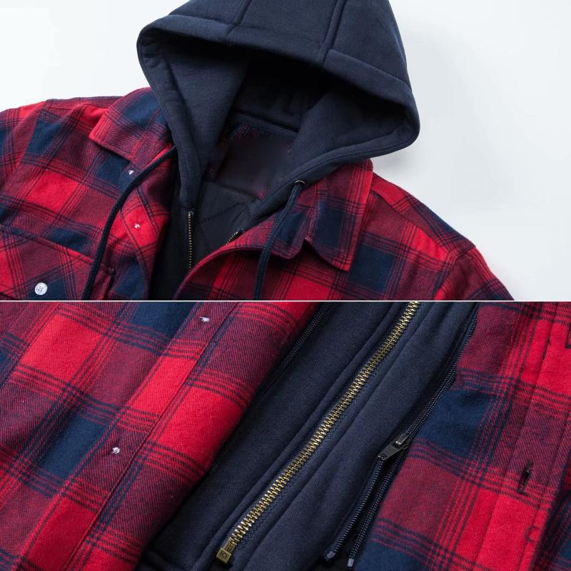 Men's Classic Casual Hood With Detachable Thick Cotton Plaid Zipper Hooded Jacket 72118581K