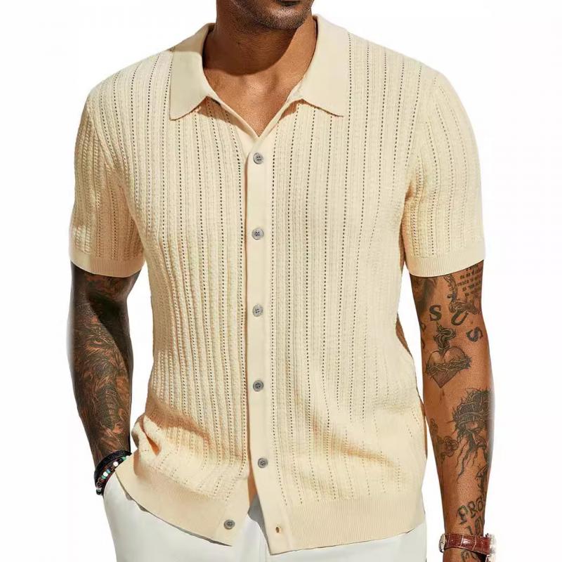 Men's Casual Breathable Hollow Lapel Knitted Short-Sleeved Cardigan 81960721M
