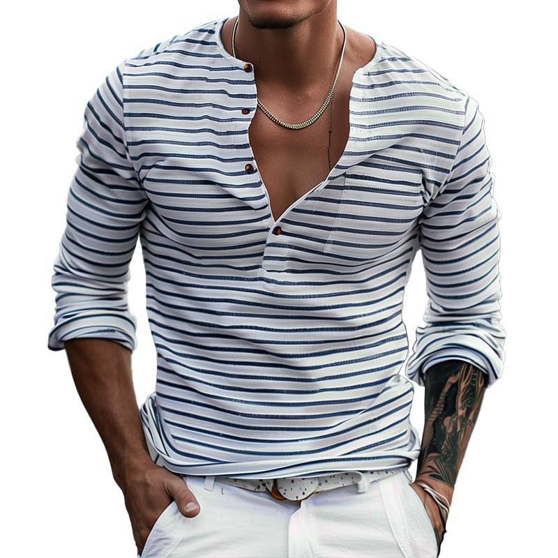 Camiseta informal de manga larga con cuello henley a rayas para hombre 00046965Z