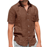 Men's Casual Cotton Linen Blended Lapel Slim Short-sleeved Shirt 64863135M