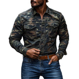 Men's Vintage Camouflage Washed Lapel Workwear Long Sleeve Shirt 42031741M