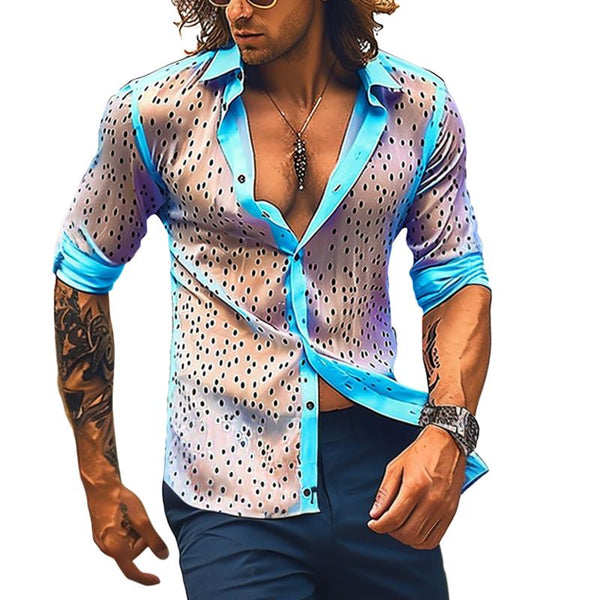 Men's Thin Sheer Polka Dot Print Lapel Long Sleeve Shirt 23313774Y