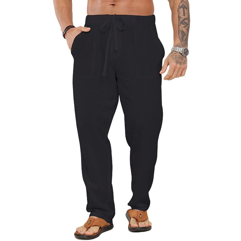 Men's Solid Cotton And Linen Drawstring Elastic Waist Casual Pants 51036837Z