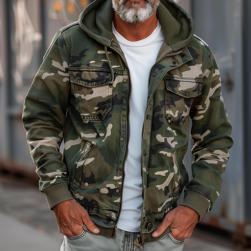 Herren-Cargojacke mit Camouflage-Muster, Kapuze, mehreren Taschen und Reißverschluss 69249000Z