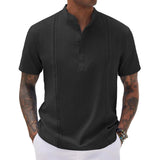 Men's Cotton And Linen Solid Color Stitching Stand Collar Short Sleeve Shirt 14421959Y