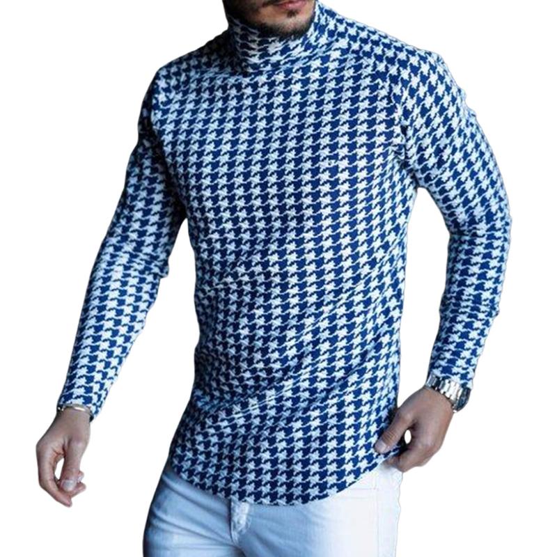 Men's Retro Casual Houndstooth Print Turtleneck Long Sleeve T-Shirt 94201150TO