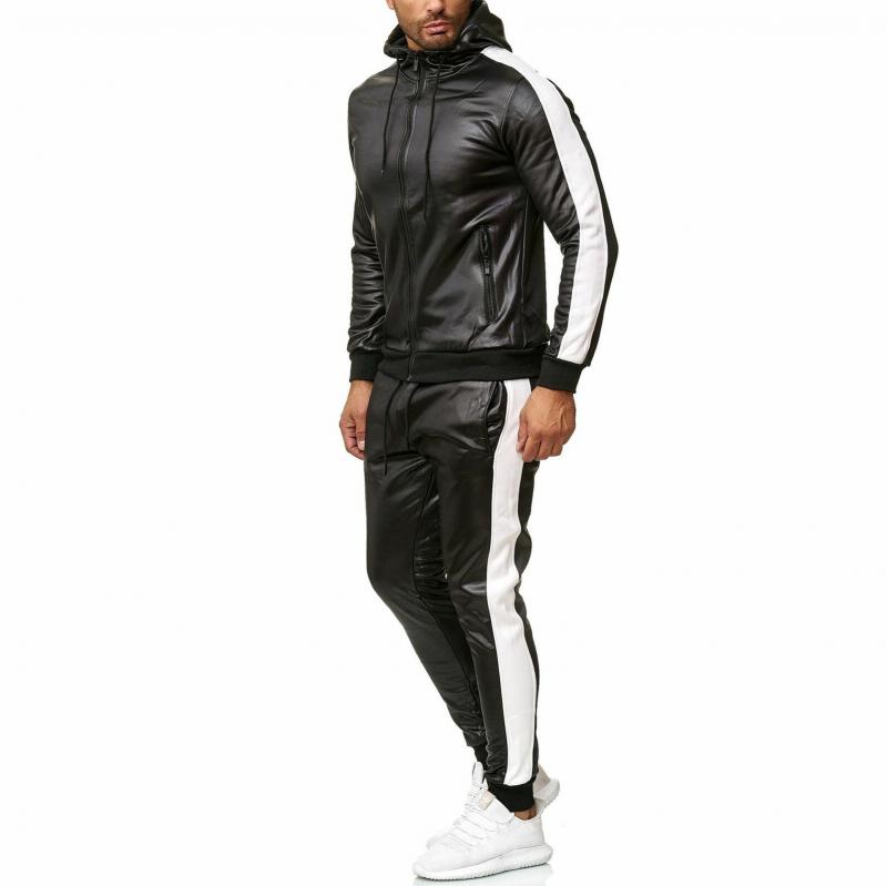 Men's Color Block Leather Hooded Zipper Jacket Trousers Casual Set 53659156Z