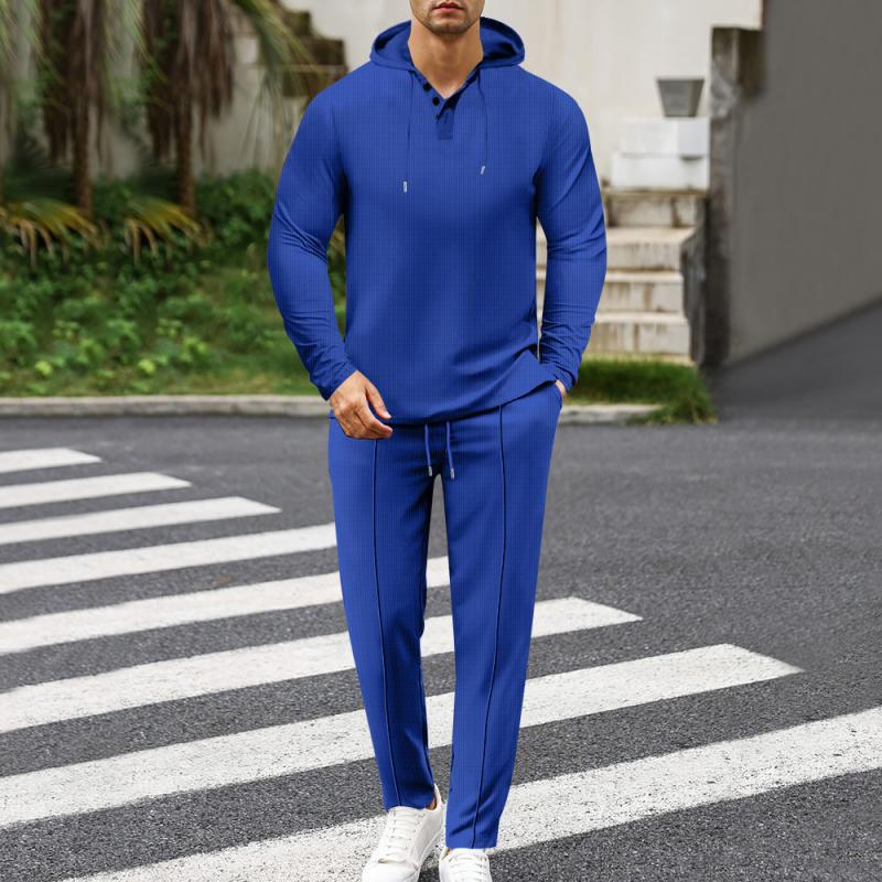 Men's Casual Solid Color Waffle Loose Hoodie Sports Pants Set 18828417M