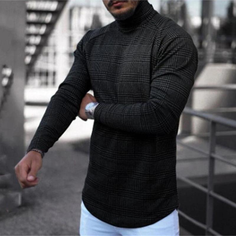 Men's Retro Casual Plaid Print Turtleneck Long Sleeve T-Shirt 89936918TO