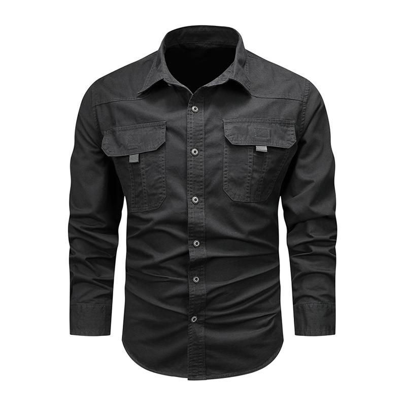 Men's Solid Cotton Multi-pocket Lapel Long Sleeve Cargo Shirt 15732371Z