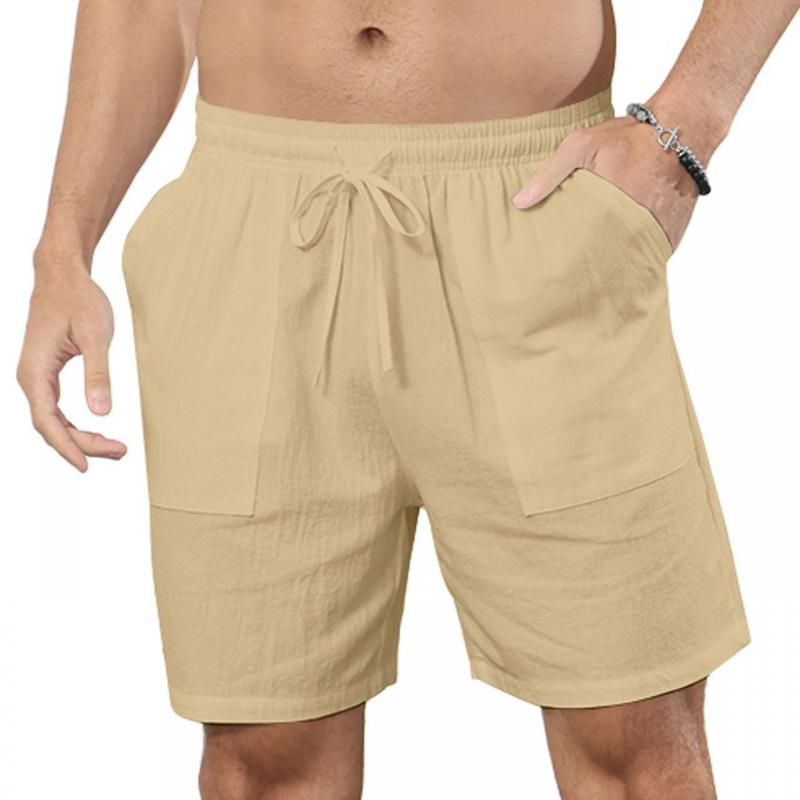 Men's Solid Color Cotton And Linen Beach Drawstring Shorts 66870843Y