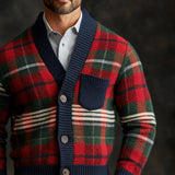 Men's Retro Christmas Colorful Plaid V-neck Chest Pocket Knit Cardigan 79052746Y