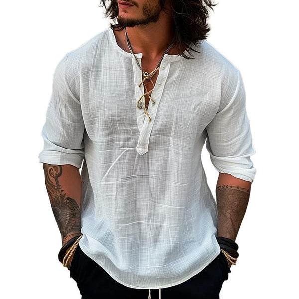 Men's Solid Linen Lace-up Round Neck Long Sleeve Casual Shirt 23417764Z