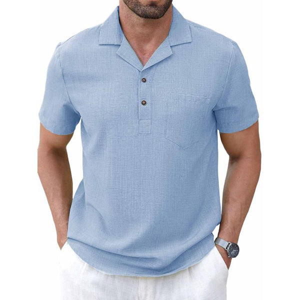 Men's Casual Cotton Linen Lapel Slim Fit Short-sleeved Pullover Shirt 90591156M