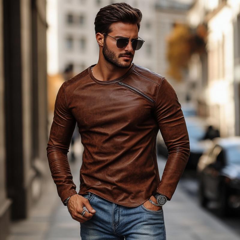 Men's Casual Fashionable Round Collar Slim Fit Leather Long Sleeve T-shirt 80728107K