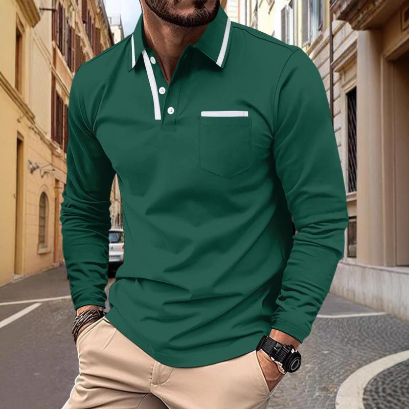 Men's Colorblock Lapel Chest Pocket Long Sleeve Polo Shirt 72686142Y