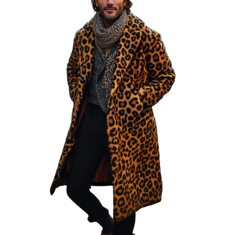 Men's Classic Lapel Long Knee-length Leopard Print Wool Coat 27488188F