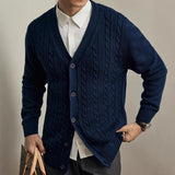 Men's Solid Color Knit Cable V Neck Single Breasted Cardigan 68307847Z