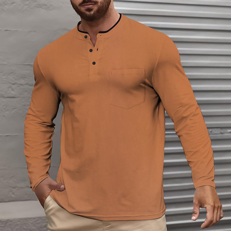 Men's Solid Color Henley Collar Chest Pocket Long Sleeve Casual T-shirt 15284224Z