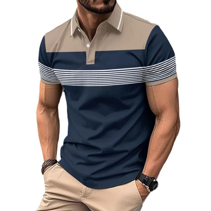 Men's Colorblock Striped Lapel Short Sleeve Casual Polo Shirt 33460927 ...