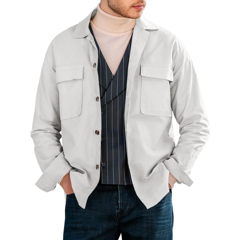 Men's Casual Solid Color Lapel Double Chest Pocket Overshirt Jacket 55514510Y