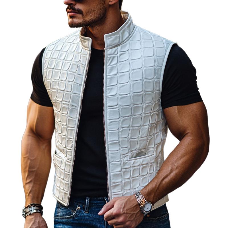 Men's Fashion 3D Leather Stand Collar Zipper Slim Fit Vest 78371754M