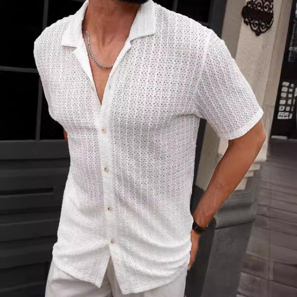 Men's Casual Solid Color Textured Cuban Collar Short-Sleeved Shirt 19172608Y