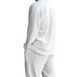 Men's Solid Color Striped V Neck Long Sleeve Shirt Trousers Set 42956045Z