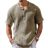 Men's Casual Cotton Linen Pleated Henley Collar Breathable Short-Sleeved Shirt 03788375M