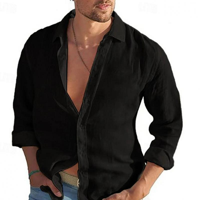 Men's Solid Linen Lapel Long Sleeve Casual Shirt 30610113Z