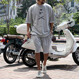 Men's Fashion Loose Cross Rose Print Short Sleeve T-Shirt and Shorts Set 23721672Z