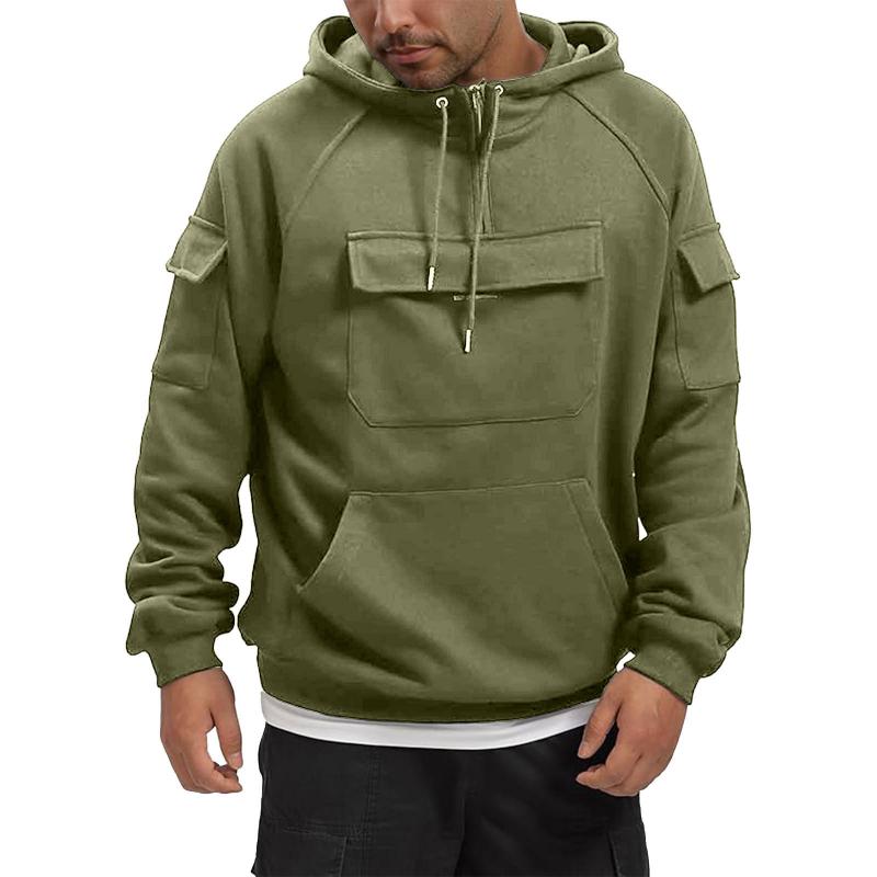 Men's Solid Color Multi-pocket Long Sports Casual Hoodie 20490694Z