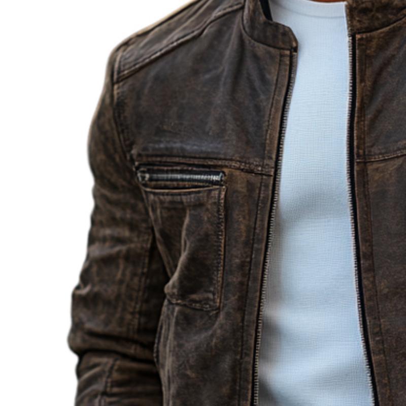 Men's Classic Slim Stand Collar Zipper Casual Leather Jacket 74882334F