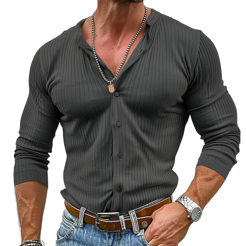 【Spedizione in 24 ore】Camicia a maniche lunghe girocollo a righe tinta unita da uomo 10023962Z