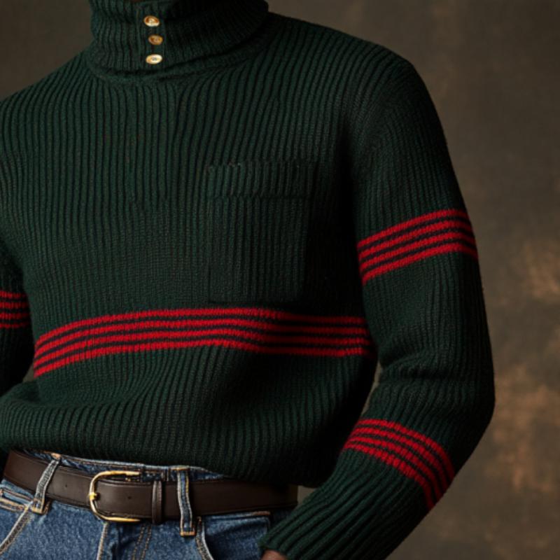 Men's Vintage Christmas Striped Knitted Button-Down Turtleneck Chest Pocket Sweater 22453558Y