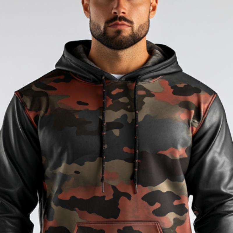 Men's Casual Fashionable Stitching Camouflage Leather Hoodie 28803169K