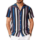 Men's Striped Lapel Short Sleeve Beach Shirt 08264367Z