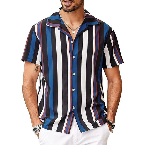 Men's Striped Lapel Short Sleeve Beach Shirt 08264367Z