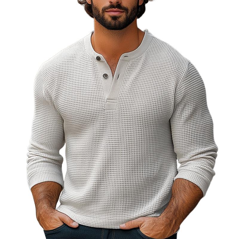 Men's Solid Color Waffle Henley Collar Long Sleeve T-shirt 38546401Z