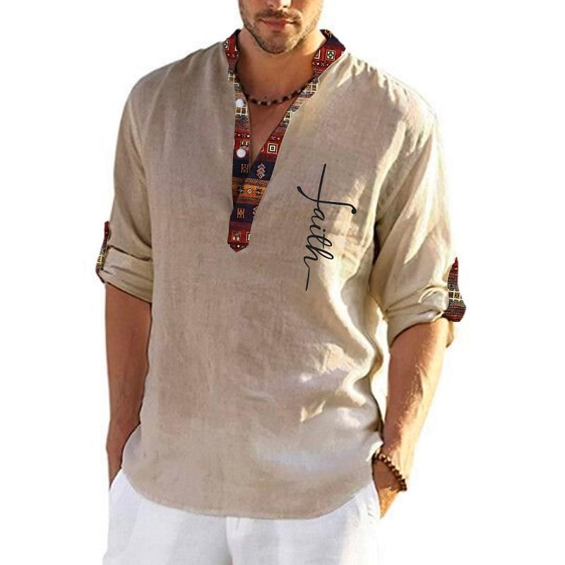 Men's Ethnic Print Panel Henley Collar Long Sleeve Casual Shirt 82432126Z
