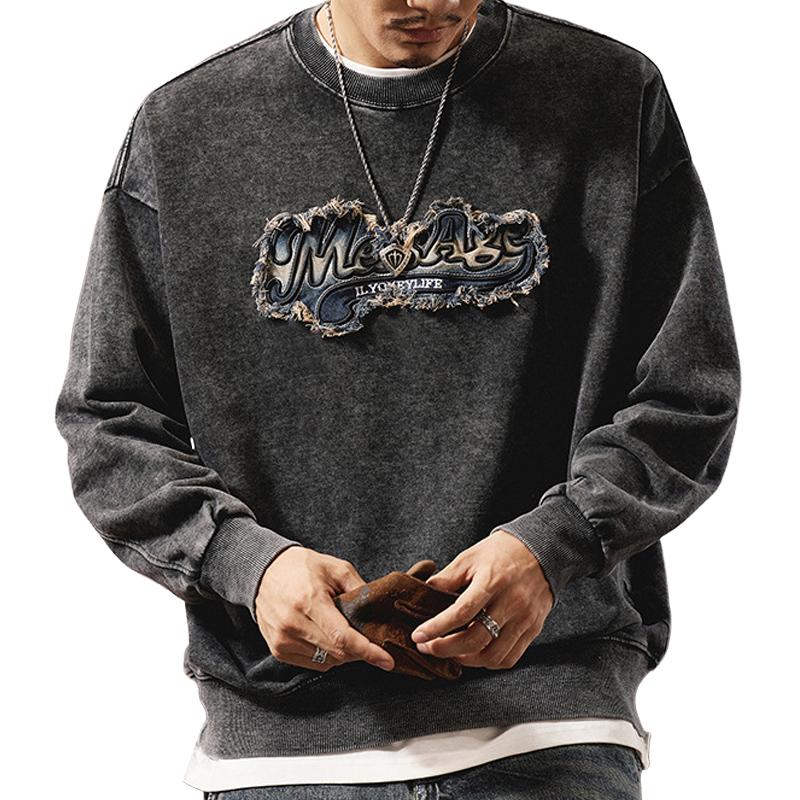 Men's Washed Distressed Denim Embroidered Sweatshirt 38460063U