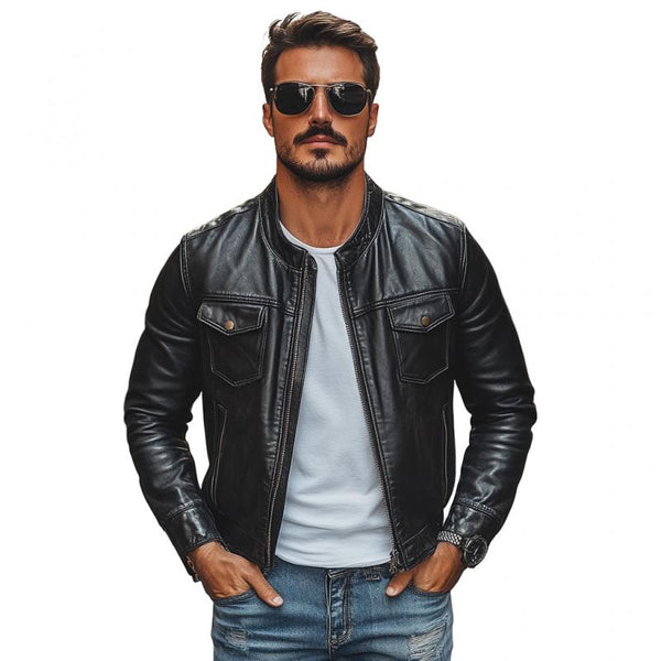 Men's Vintage Leather Stand Collar Zip-Up Jacket 54120994M