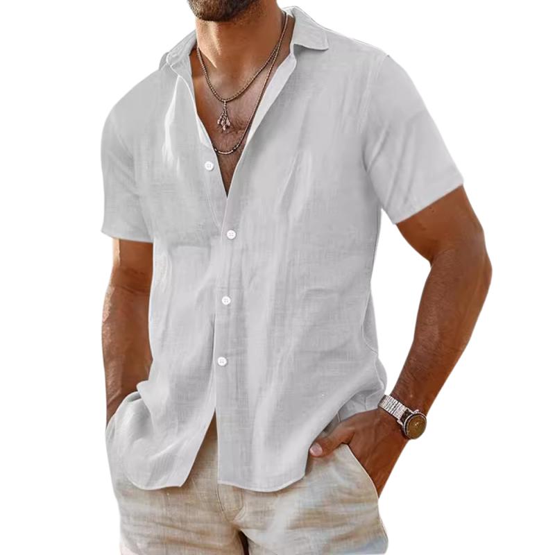 Men's Casual Cotton Linen Solid Color Lapel Slim Short Sleeve Shirt 40996443M