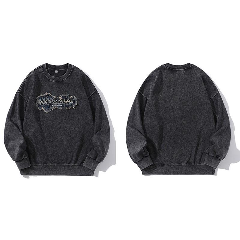 Men's Washed Distressed Denim Embroidered Sweatshirt 38460063U