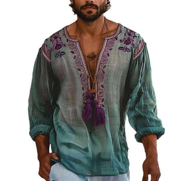 Men's Ethnic Style Loose V Neck Long Sleeve Shirt 57207048Z